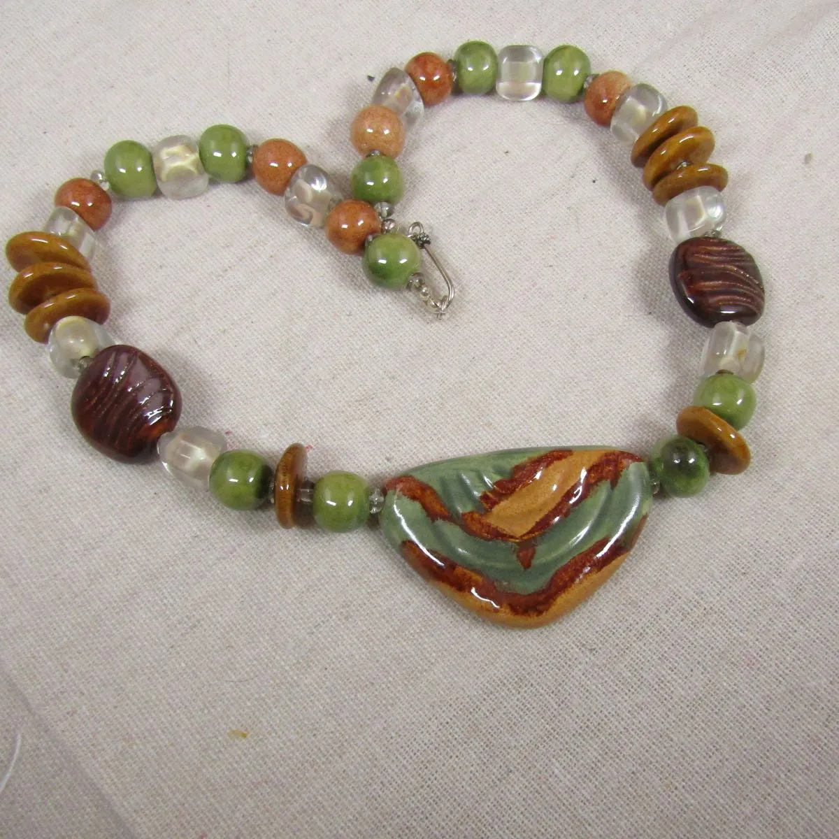Handmade Chunky Kazuri Necklace Green & Brown Kazuri Beads