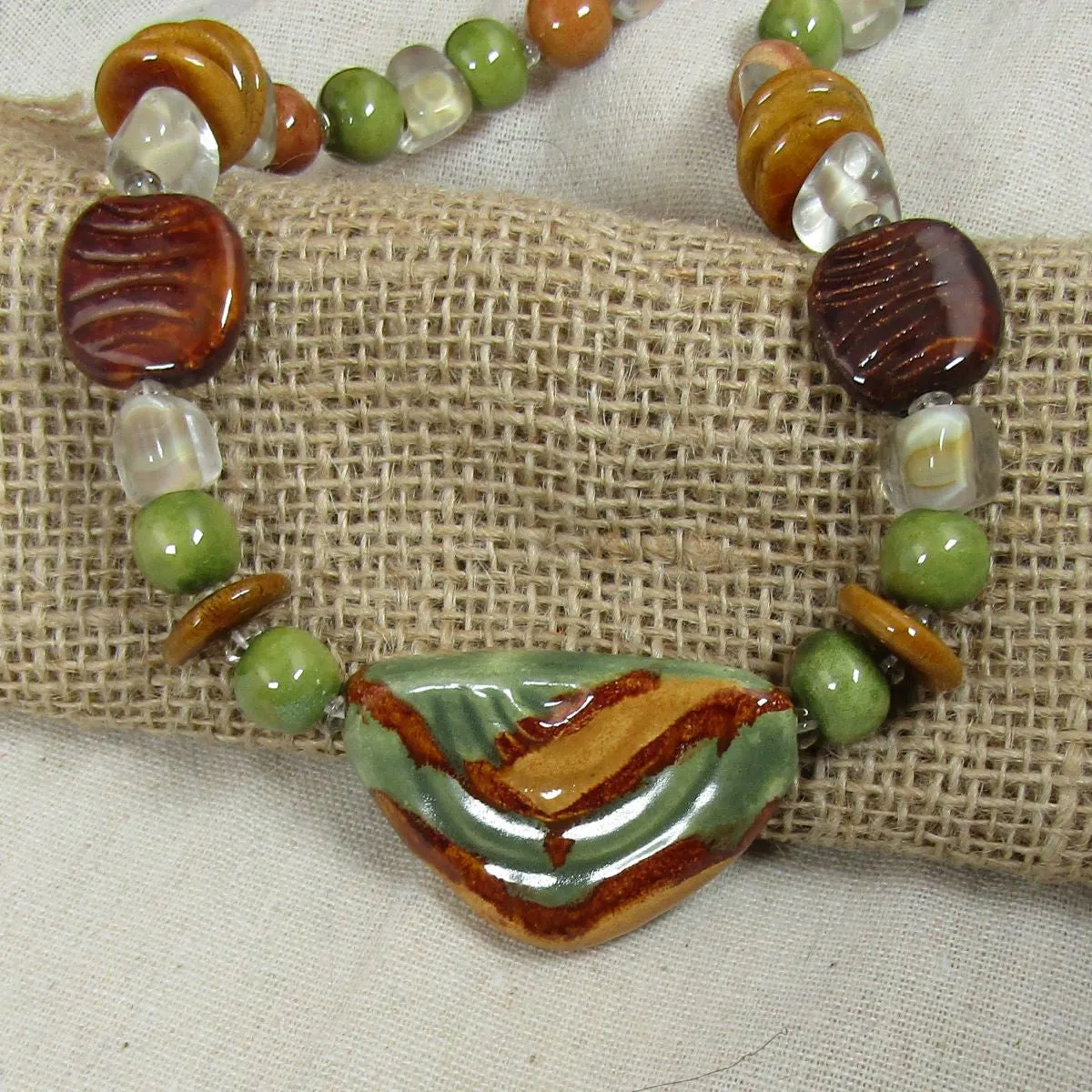 Handmade Chunky Kazuri Necklace Green & Brown Kazuri Beads
