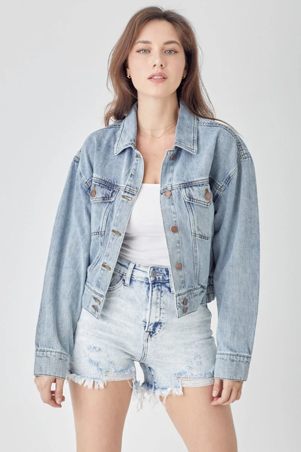 Hazel Blues® |  RISEN Button Down Cropped Denim Jacket