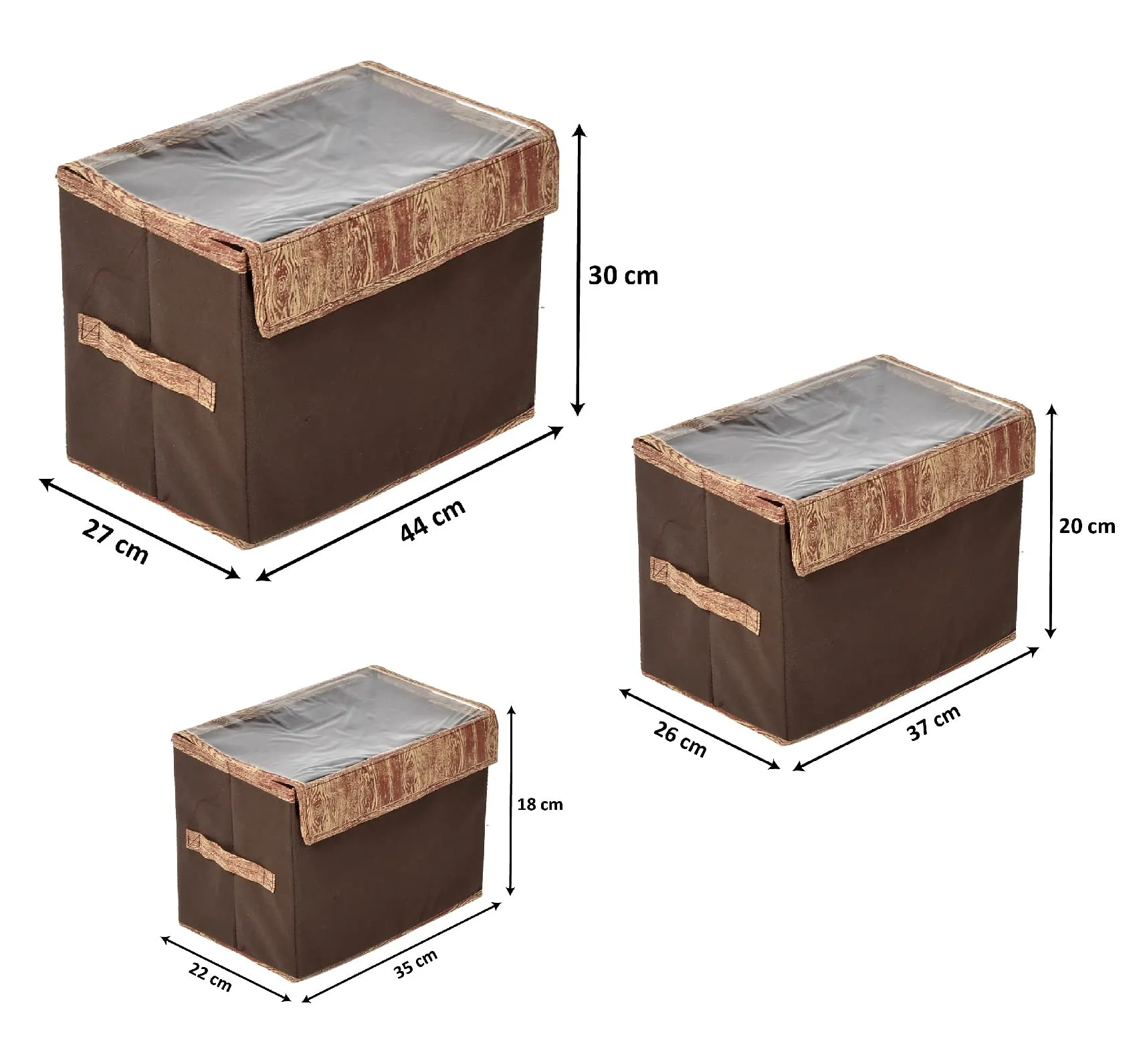 Heart Home Wooden Design Multiuses 3 Different Sizes Non-Woven Storage Box/Organizer With Tranasparent Lid- Set of 3 (Brown) -44HH0447
