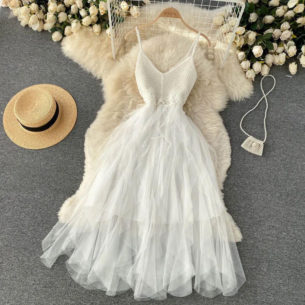 High Waist Mesh Puffy Slip Dress
