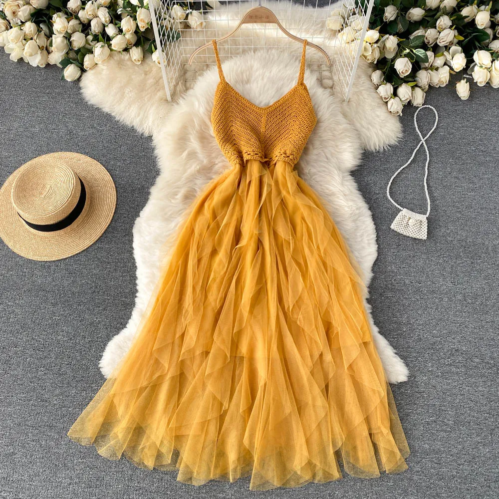 High Waist Mesh Puffy Slip Dress