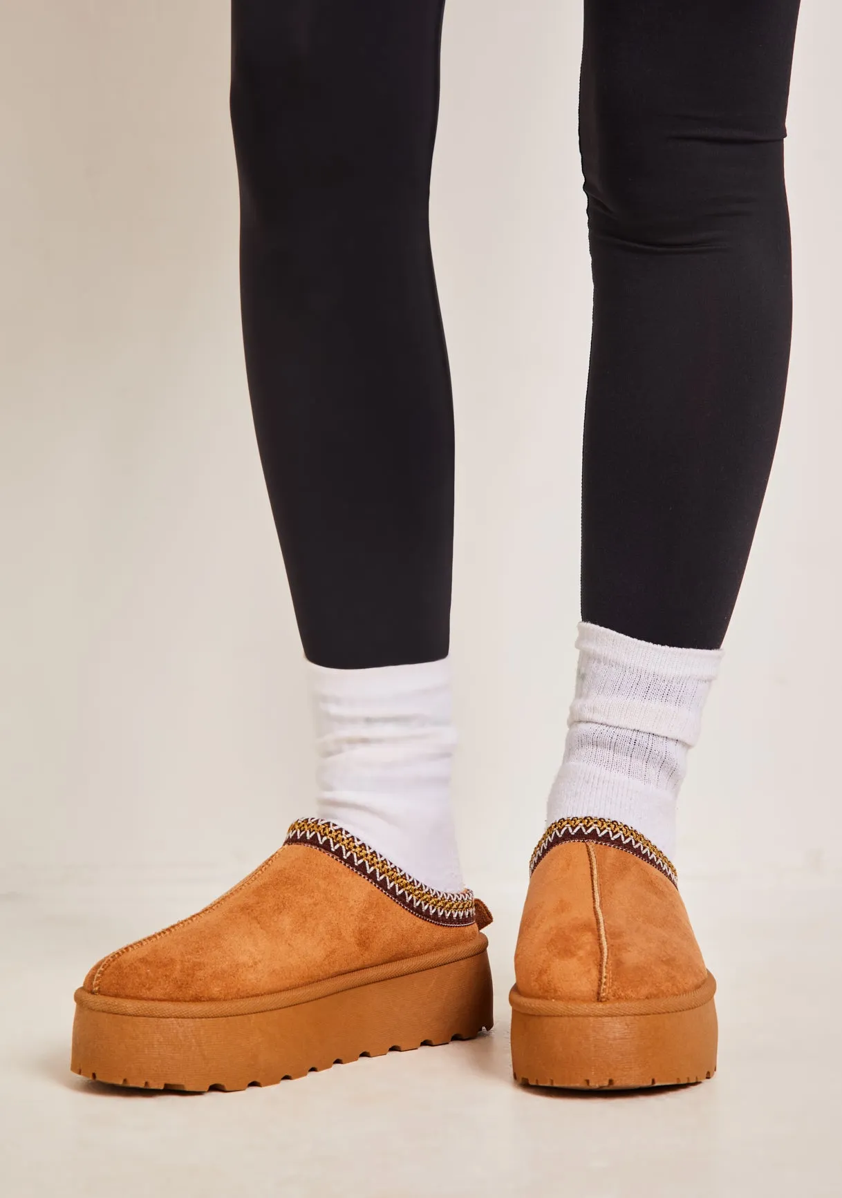 Jolie Beige Aztec Detail Faux Fur Lined Platform Slip On Boots
