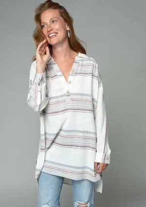 Linen Blend Striped Oversized Collared Tunic