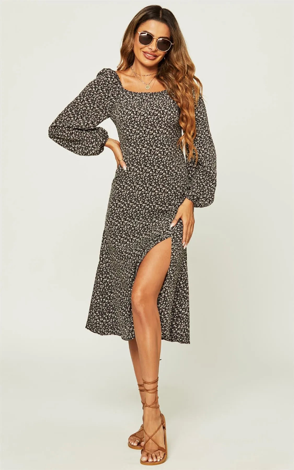 Long Sleeve Slip Leg Elasticated Detail Midi Dress In Black Flora Print