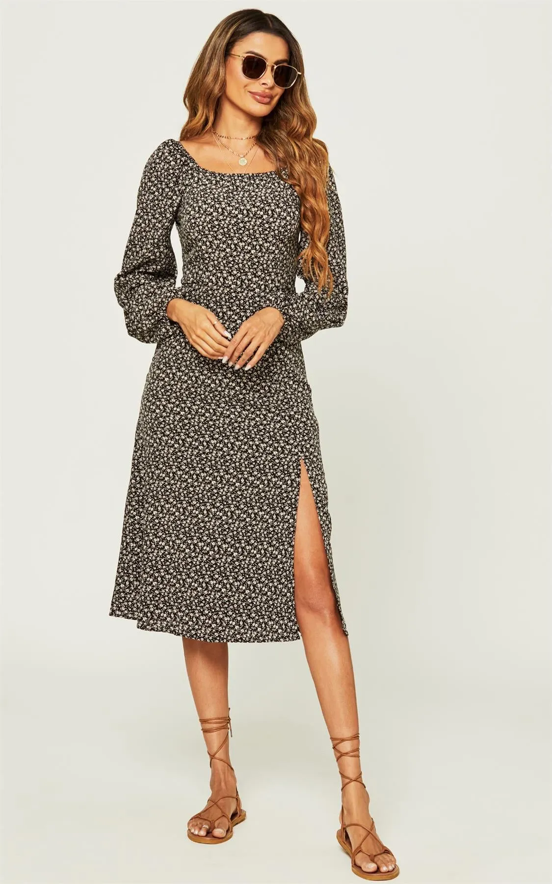 Long Sleeve Slip Leg Elasticated Detail Midi Dress In Black Flora Print