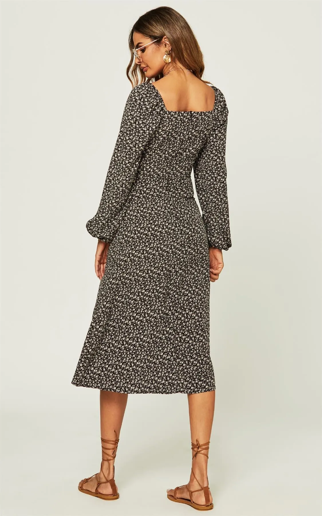 Long Sleeve Slip Leg Elasticated Detail Midi Dress In Black Flora Print