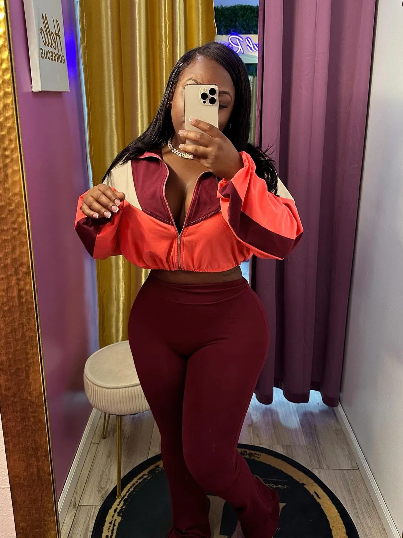 MB FASHION Color-Block Cropped Jacket and High-Waist Flare Pants Set 4060LY