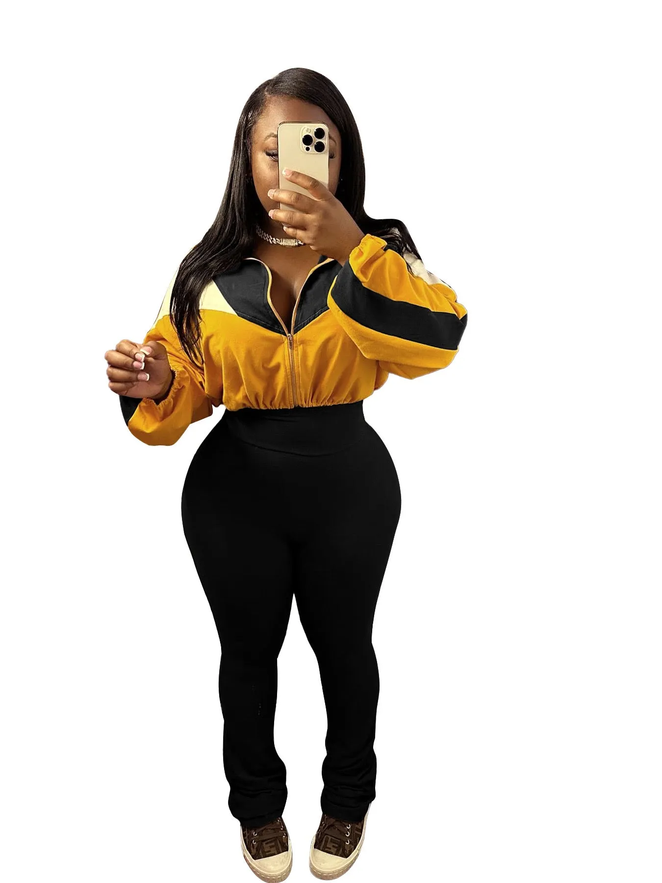 MB FASHION Color-Block Cropped Jacket and High-Waist Flare Pants Set 4060LY