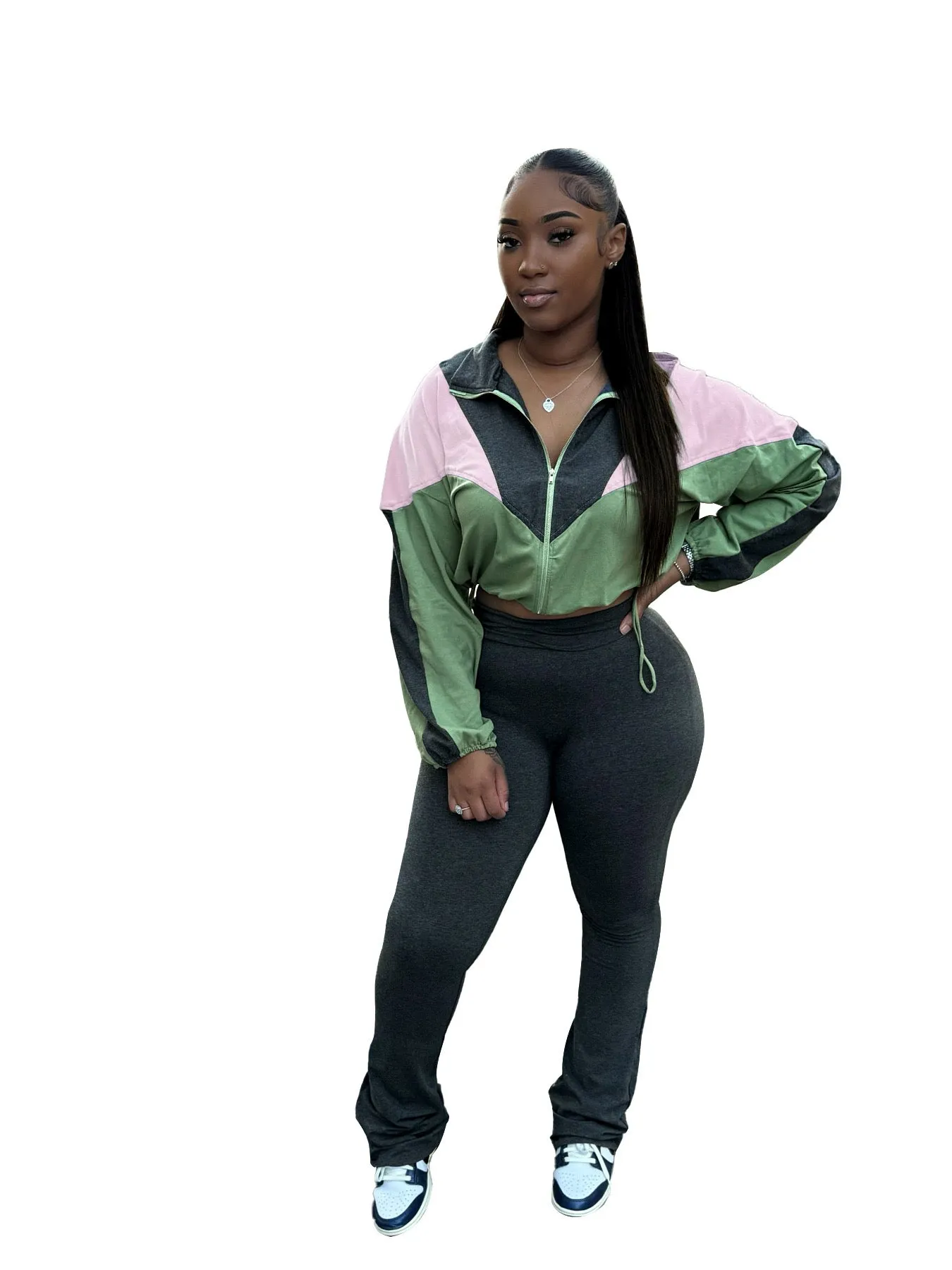 MB FASHION Color-Block Cropped Jacket and High-Waist Flare Pants Set 4060LY