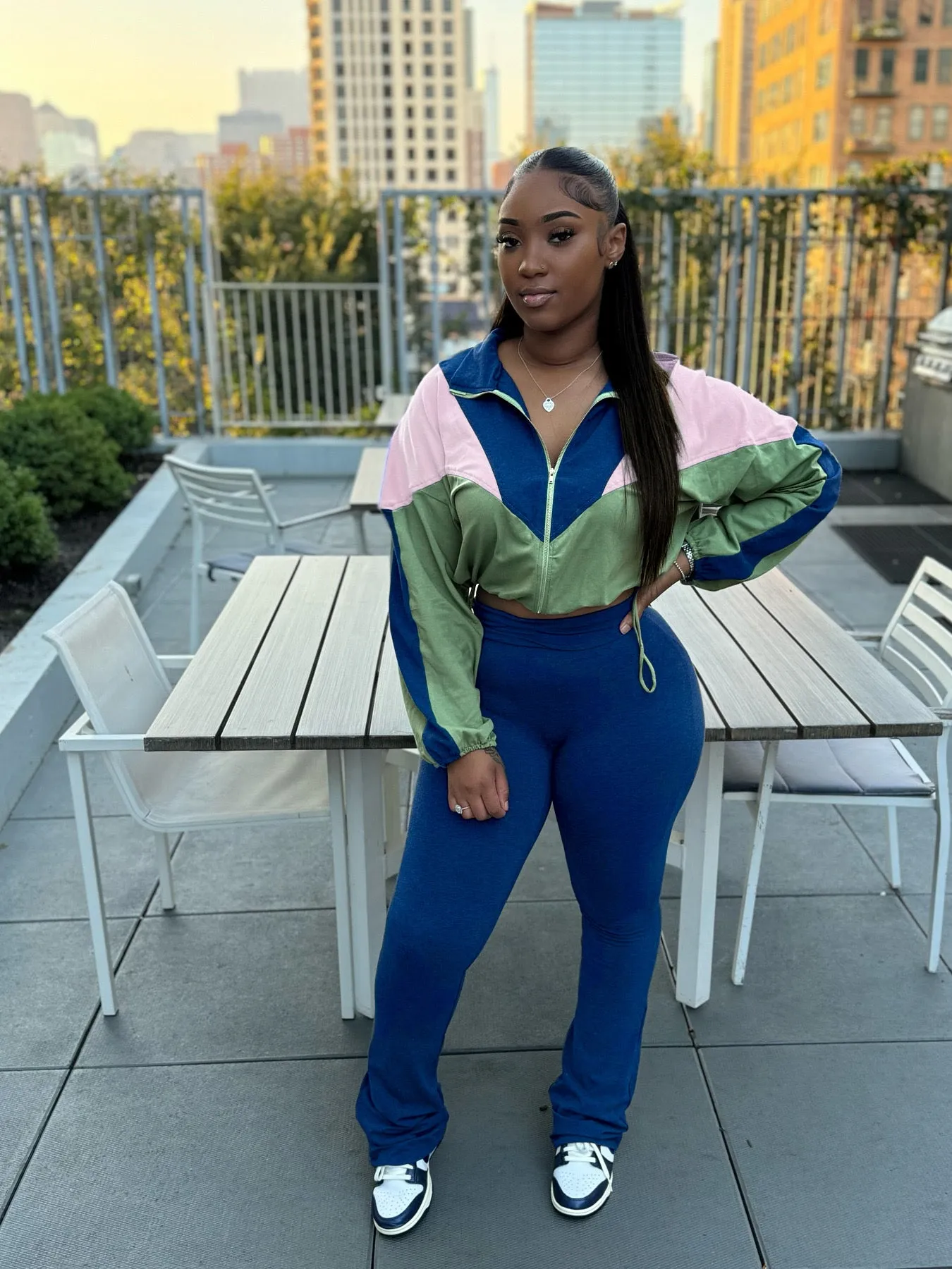 MB FASHION Color-Block Cropped Jacket and High-Waist Flare Pants Set 4060LY