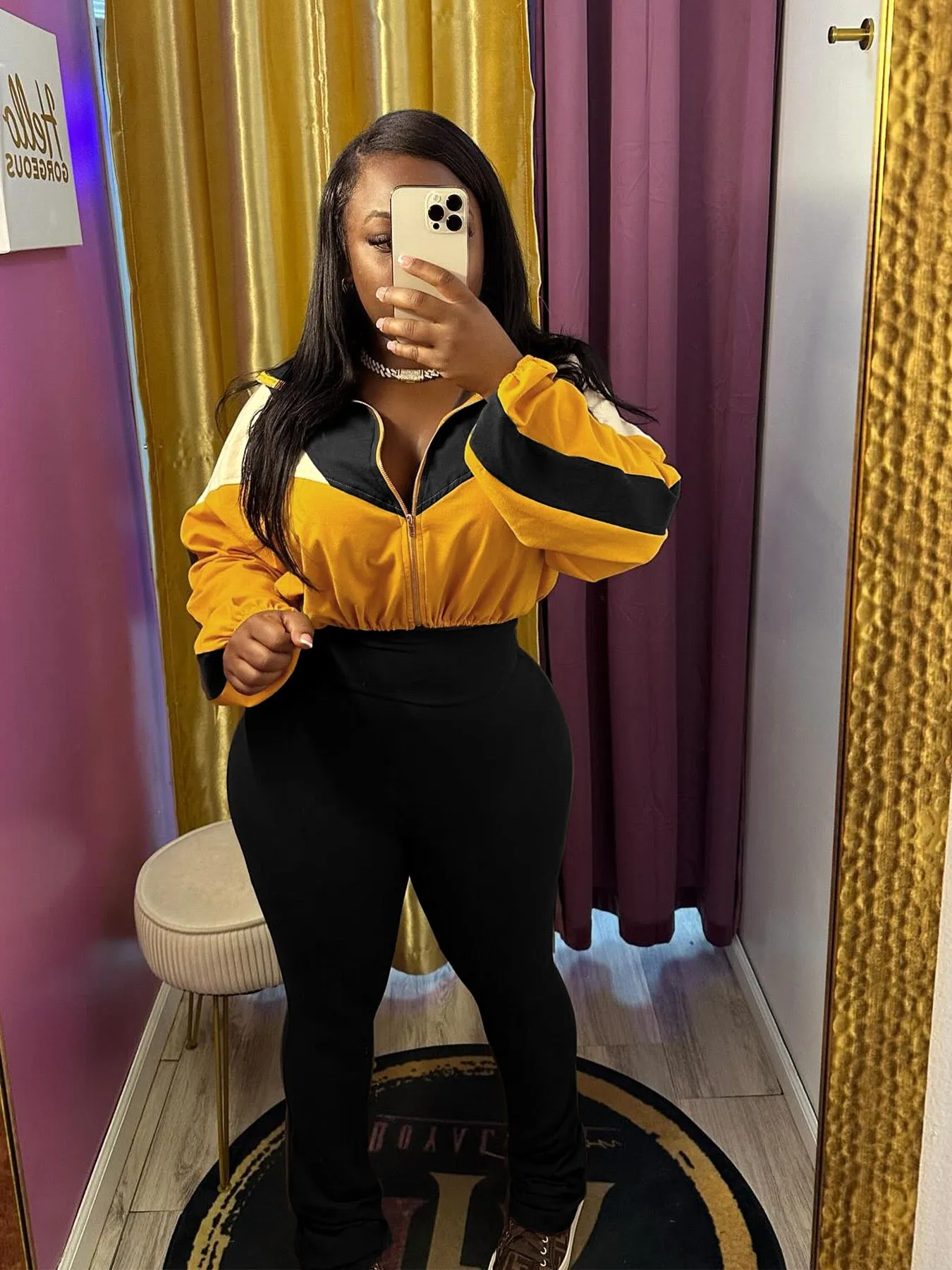 MB FASHION Color-Block Cropped Jacket and High-Waist Flare Pants Set 4060LY