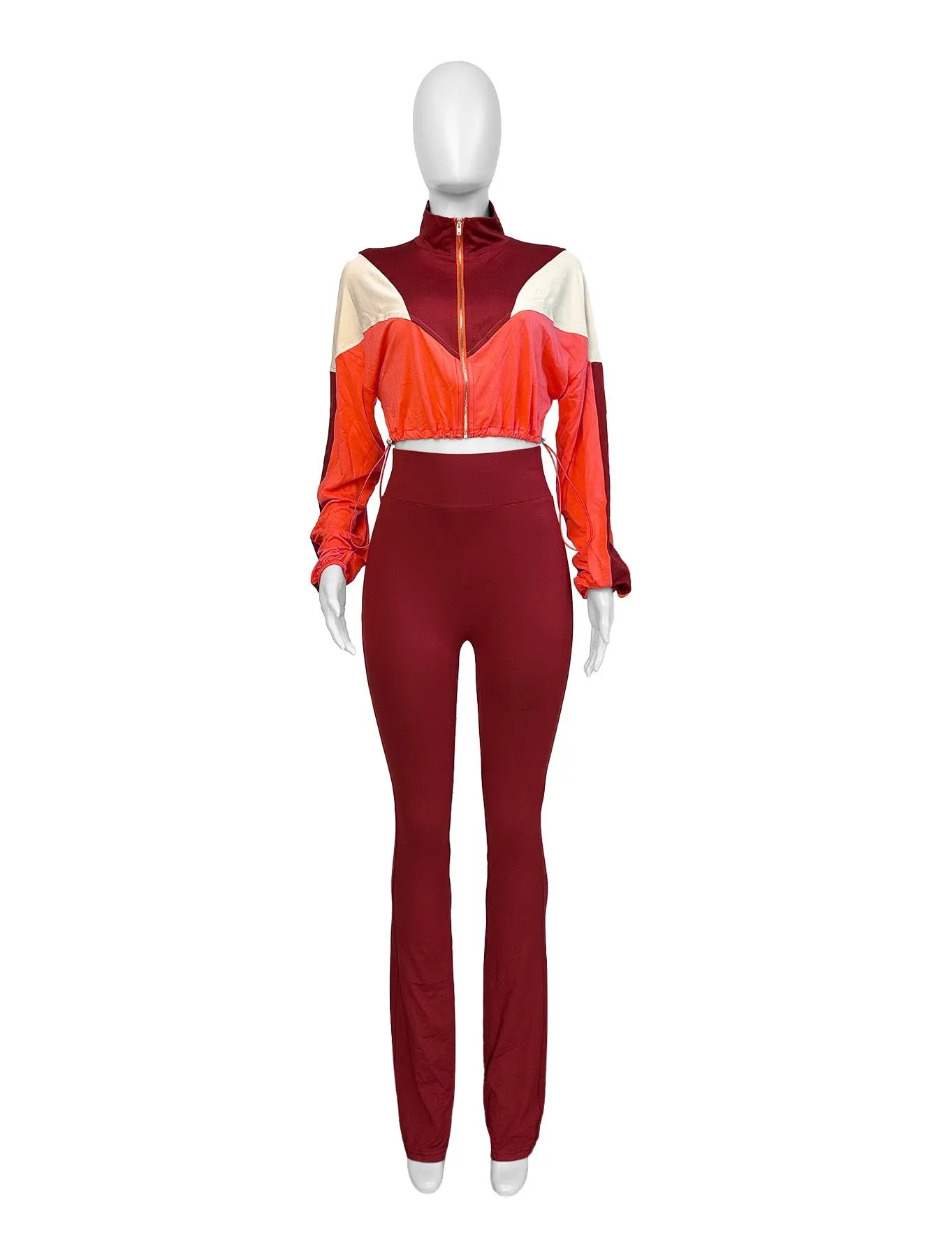 MB FASHION Color-Block Cropped Jacket and High-Waist Flare Pants Set 4060LY