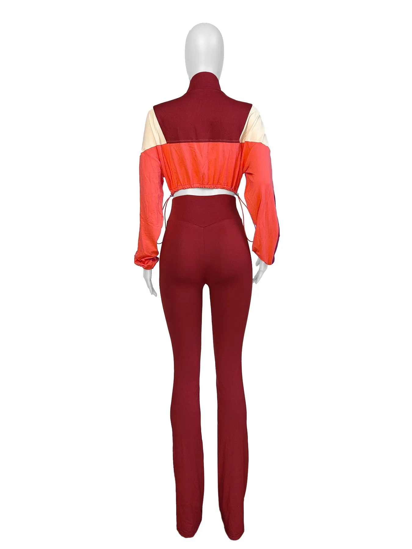 MB FASHION Color-Block Cropped Jacket and High-Waist Flare Pants Set 4060LY