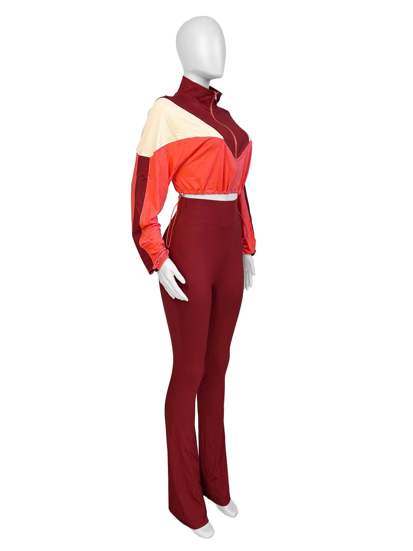 MB FASHION Color-Block Cropped Jacket and High-Waist Flare Pants Set 4060LY