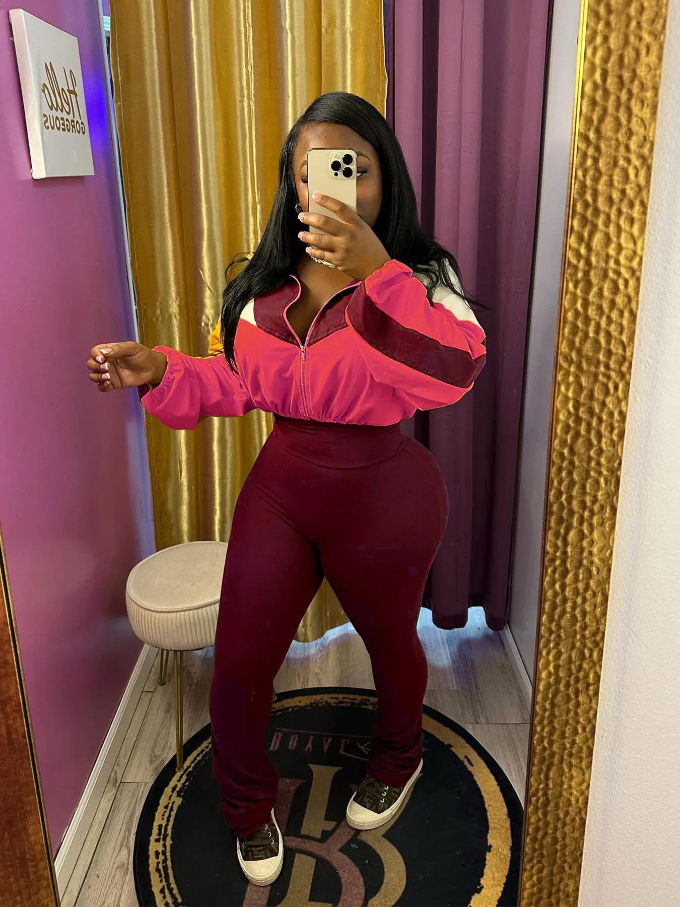 MB FASHION Color-Block Cropped Jacket and High-Waist Flare Pants Set 4060LY