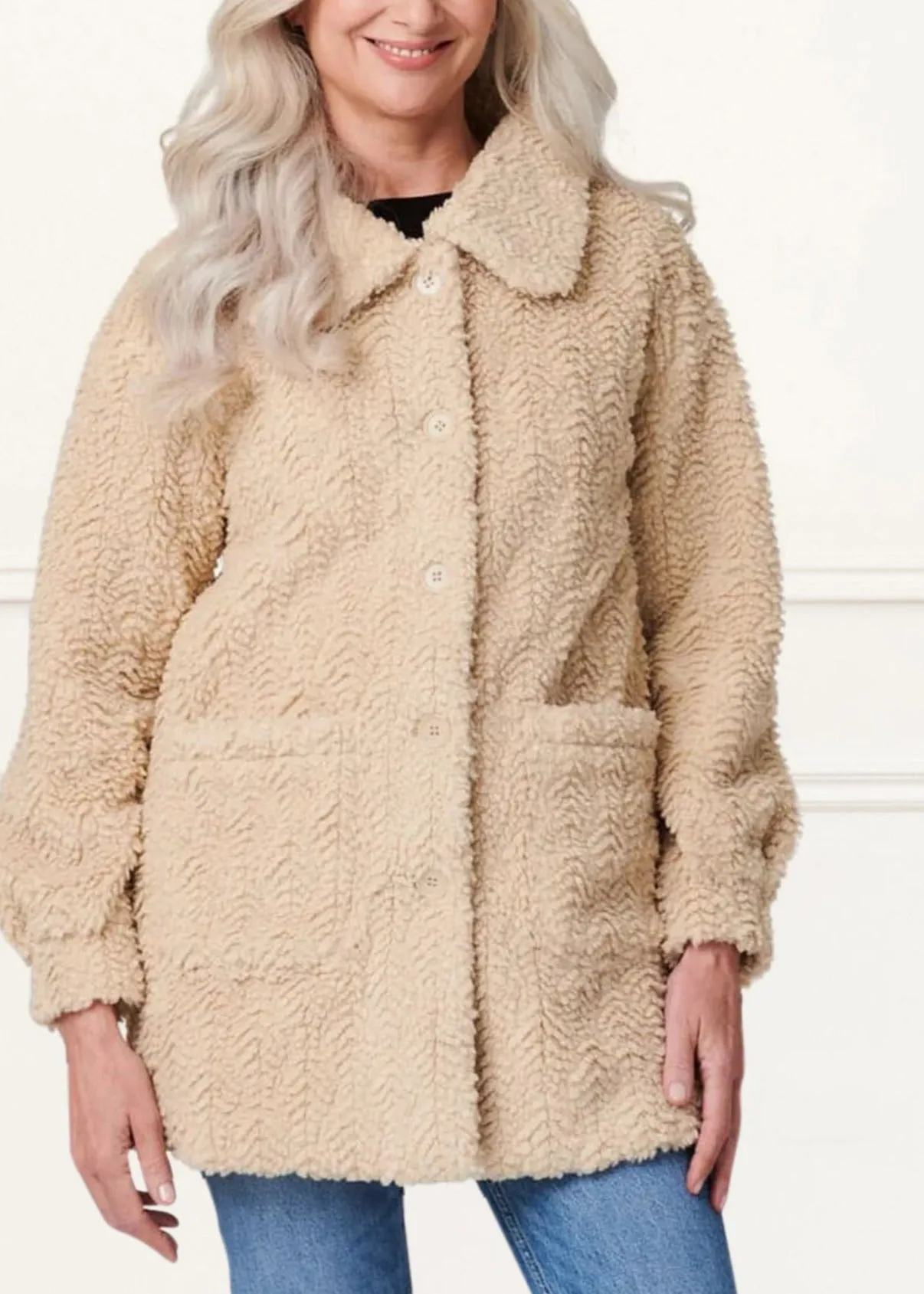 Megan Coat Textured Teddy Motif Beige