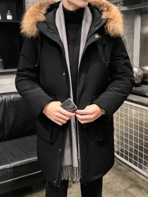 Men's Casual Mid-Length Hooded Winter Jacket with Faux Fur Collar | Ideal for Autumn/Winter