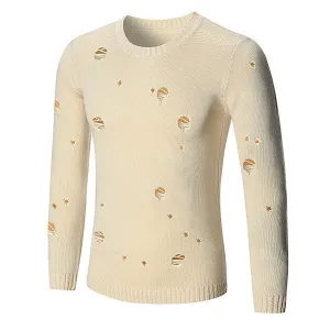 Mens Hole design Pullover Crew Neck Wool Solid Color Casual Sweater
