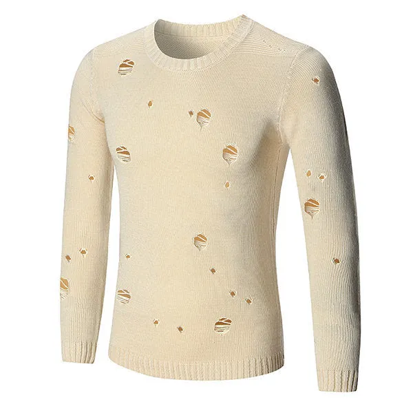 Mens Hole design Pullover Crew Neck Wool Solid Color Casual Sweater