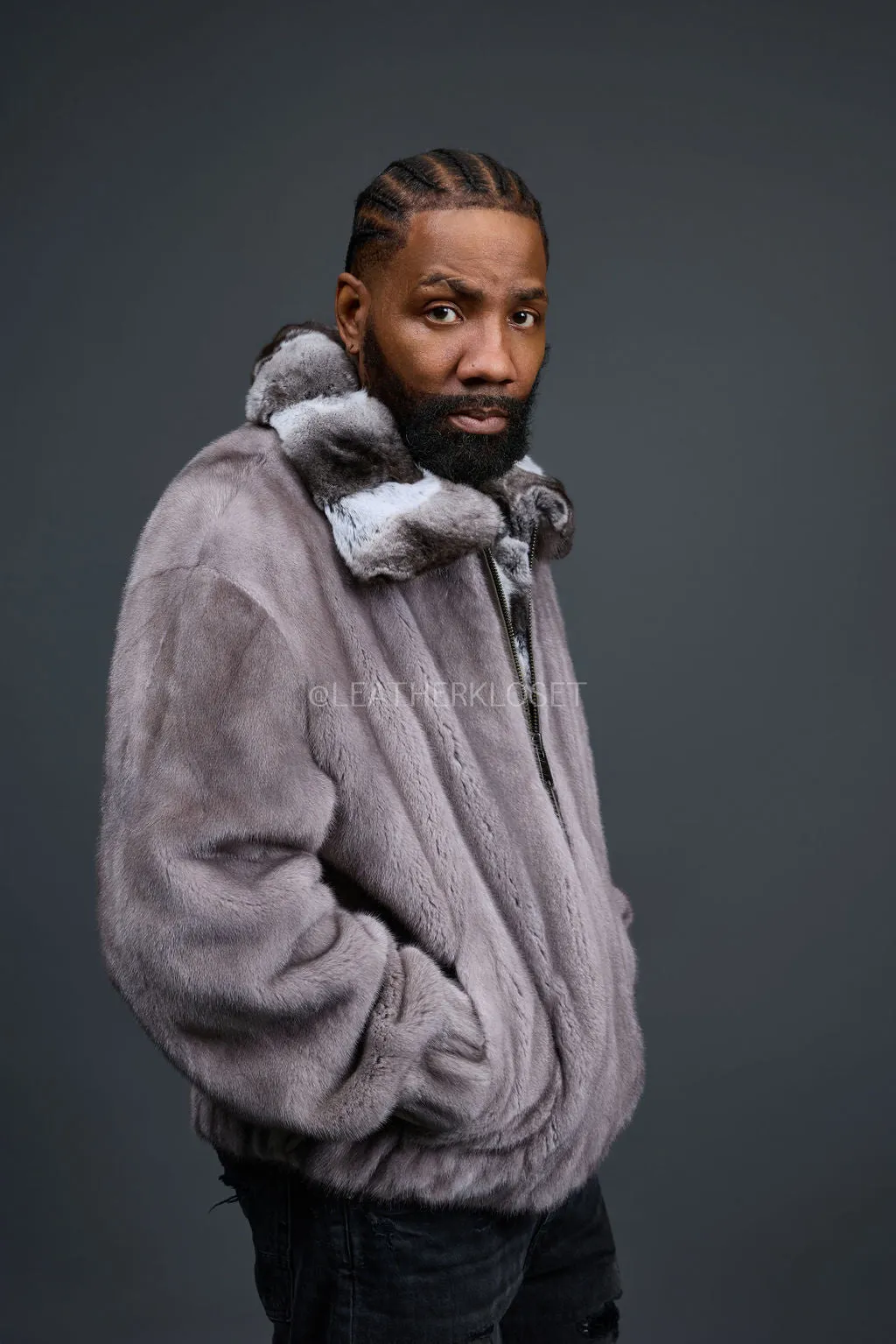 Men's Mink Bomber Jacket With Chinchilla Collar [Grey]