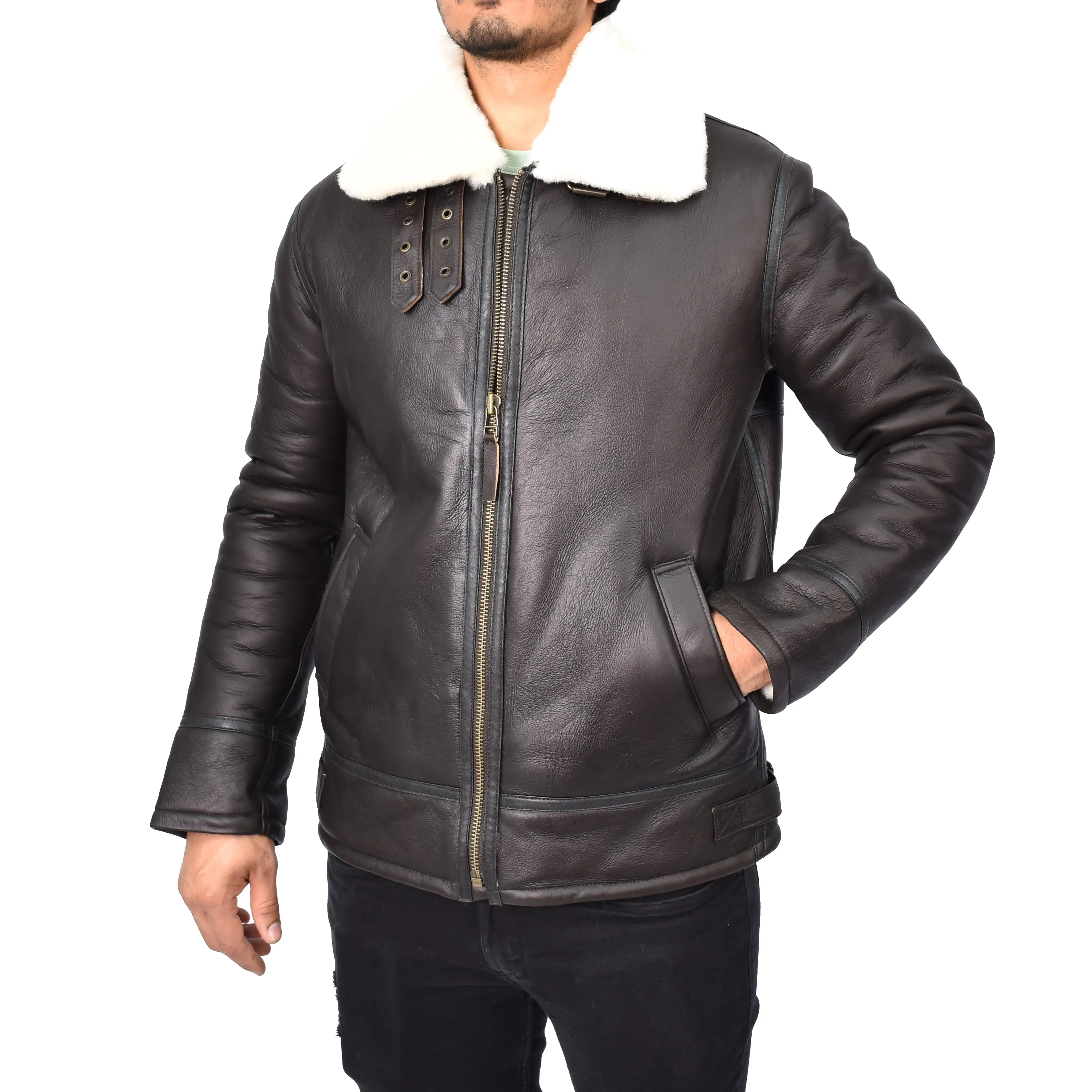 Men's Top Gun Style Real Sheepskin Jacket White Jannick