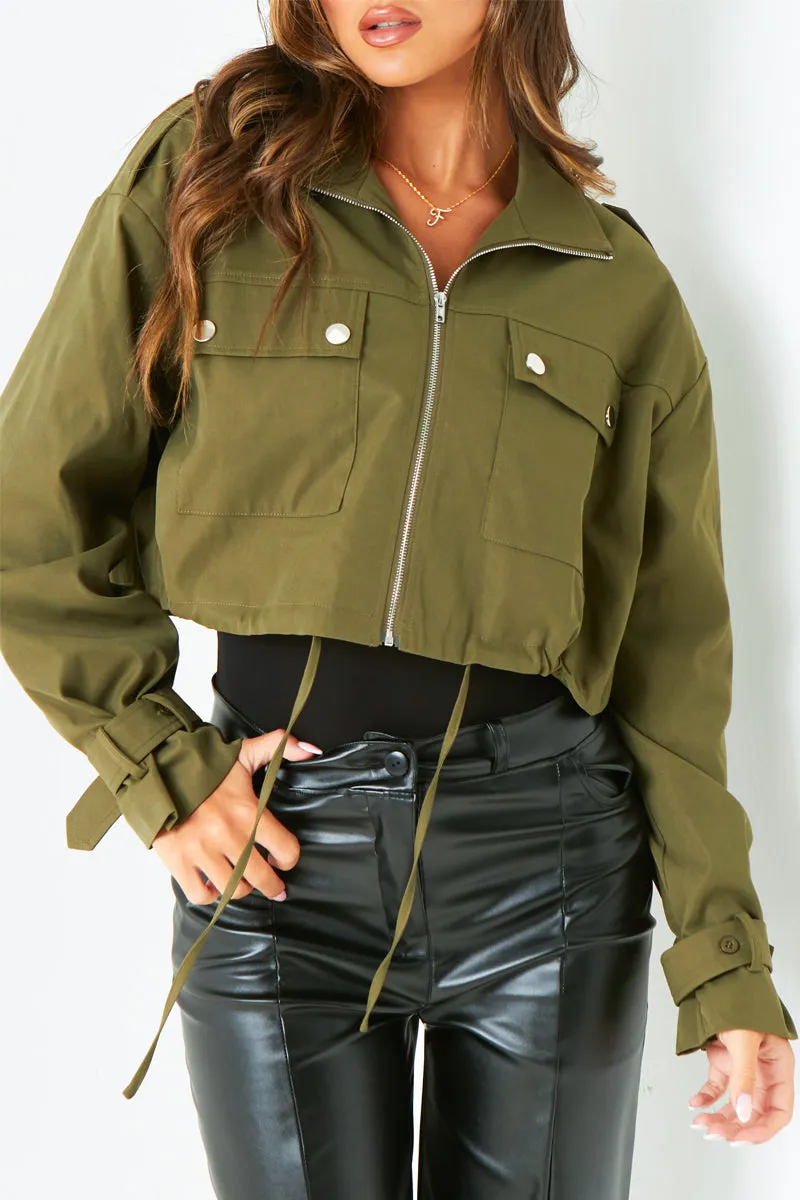 Morgan Khaki Oversized Cropped Trench Jacket
