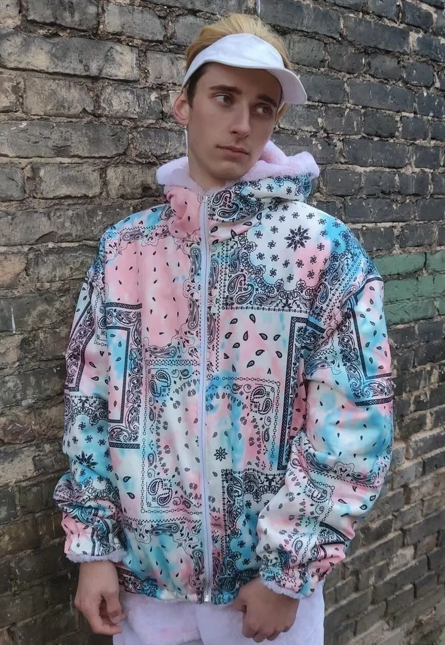 Pastel bandana bomber reversible handmade fleece jacket pink