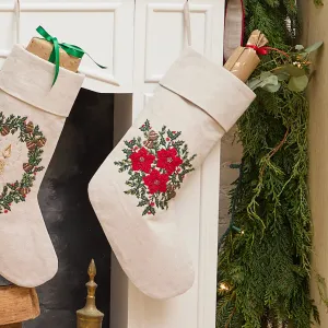 Poinsettia Bundle Linen Stocking - Natural