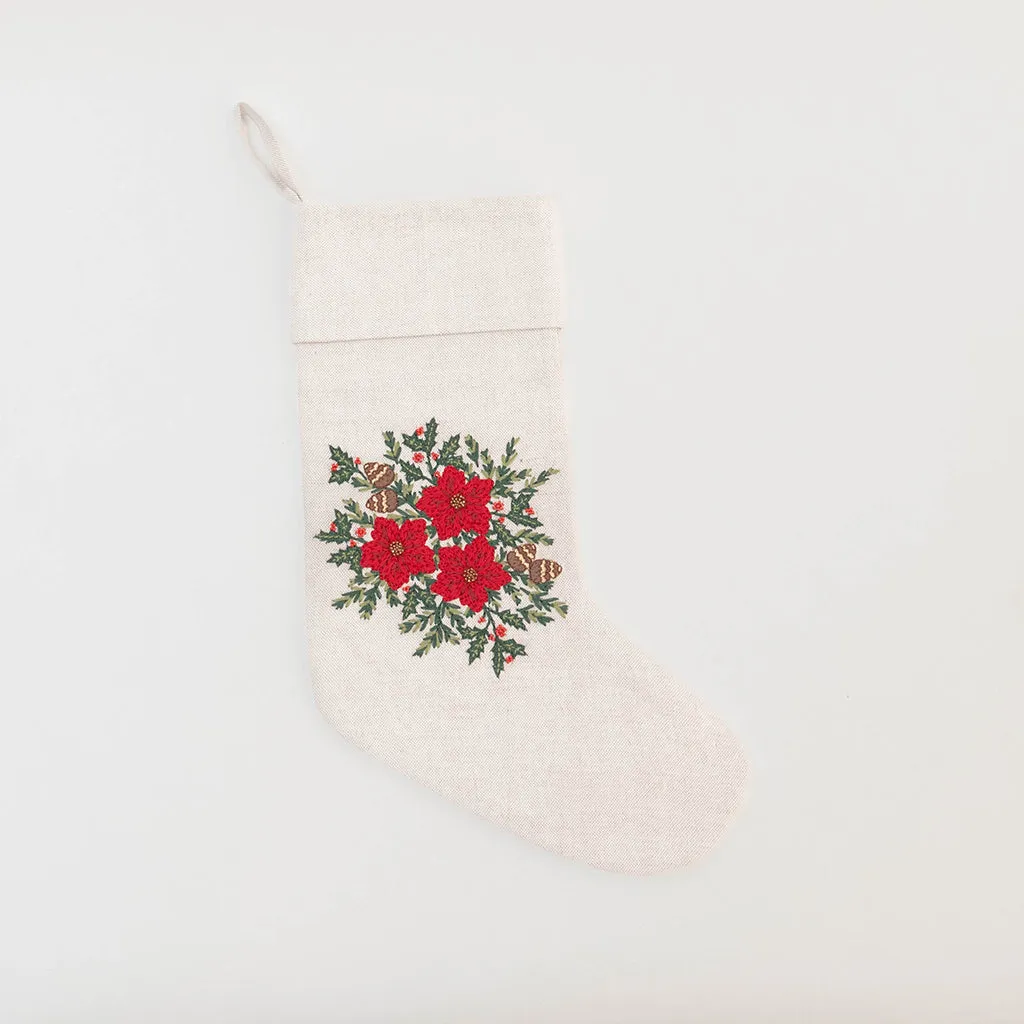 Poinsettia Bundle Linen Stocking - Natural