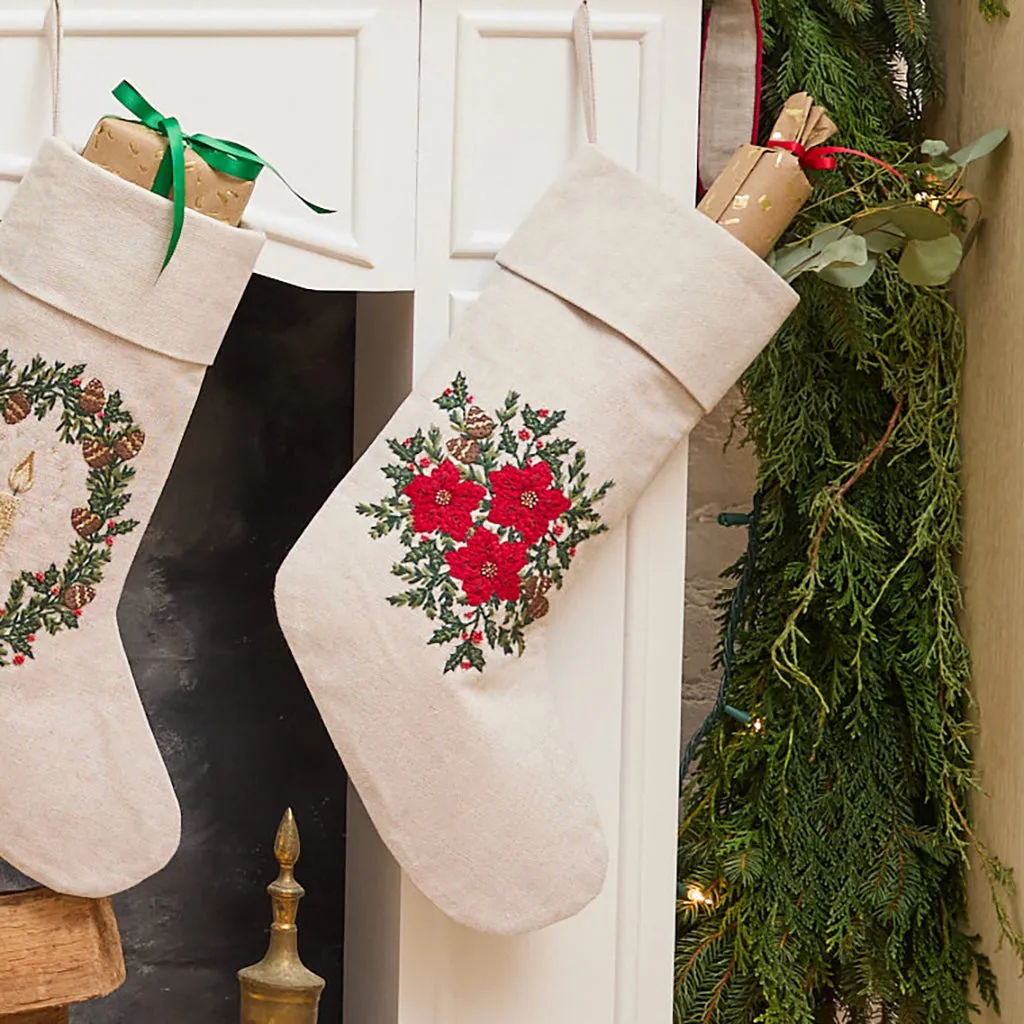 Poinsettia Bundle Linen Stocking - Natural