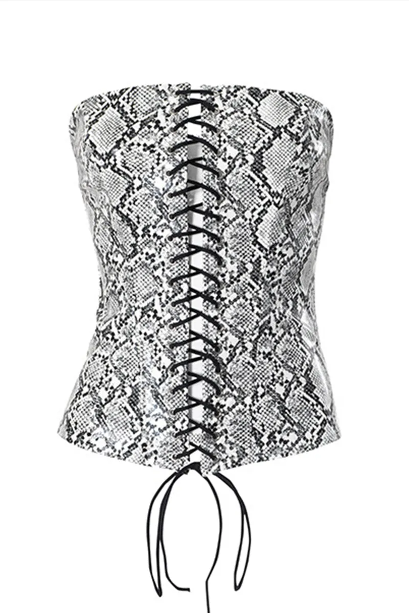 Print Leather Strapless Corset Lace Up Front Top