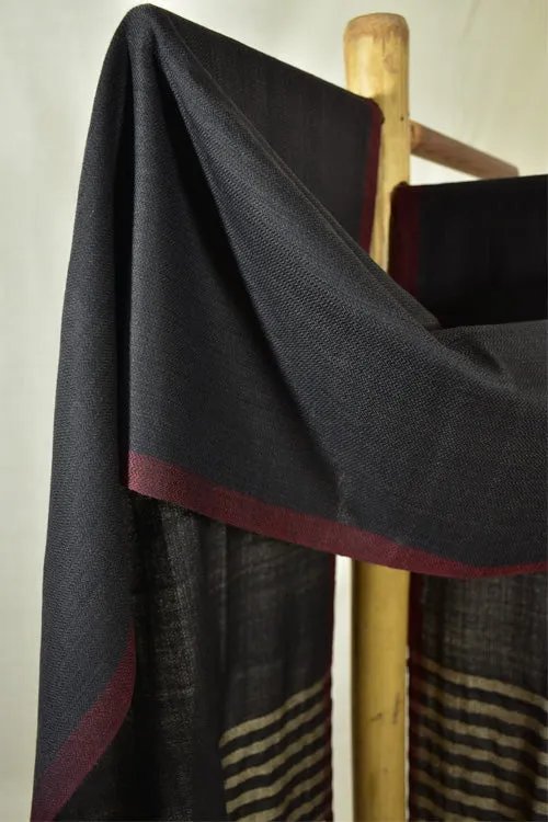Pure Woolen Stole|Black With Maroon Border & Muga Silk Striped Pallu