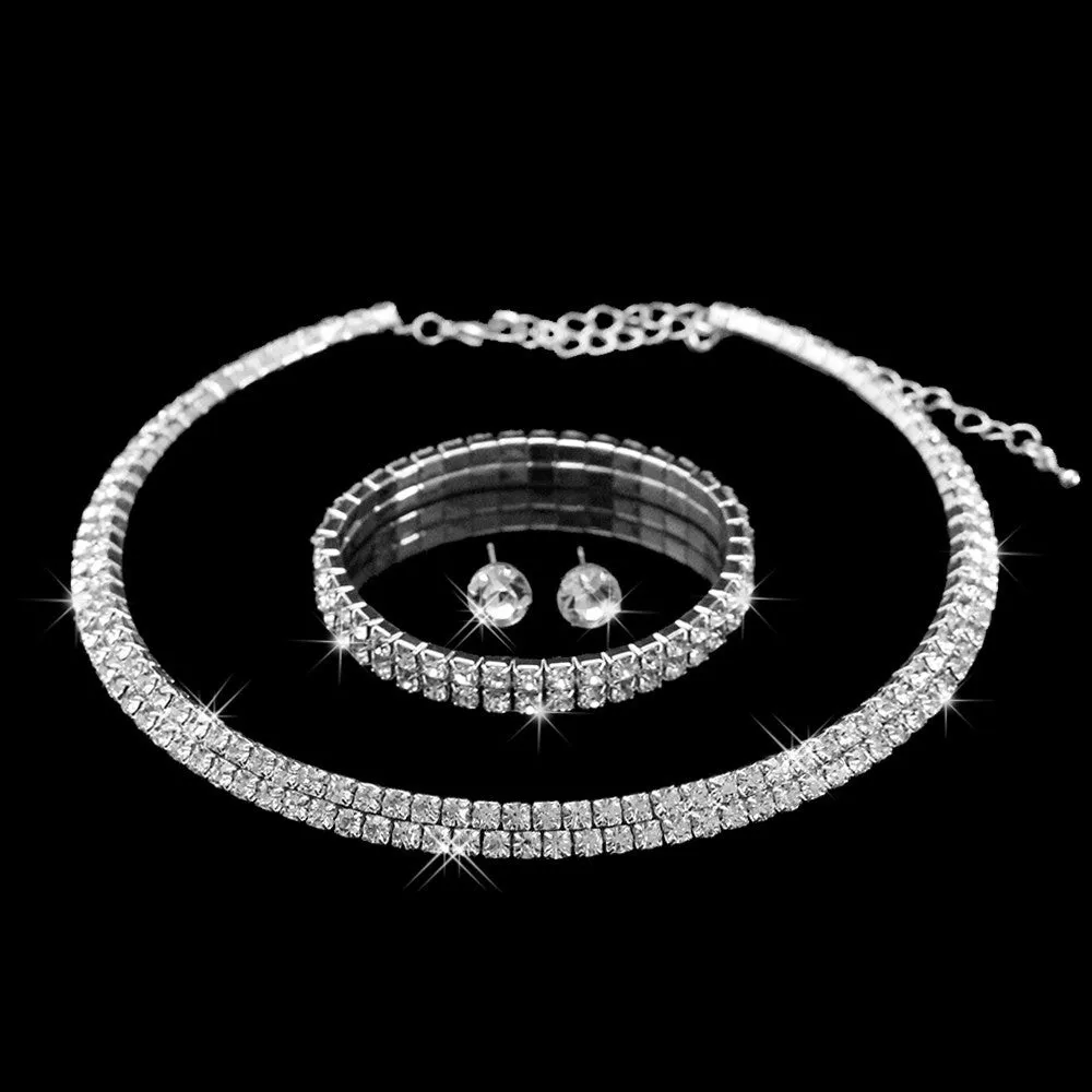 Rhinestone Crystal Choker Necklace Earrings and Bracelet Wedding Jewelry Sets