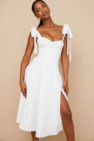 Sexy Ditsy Floral Tie Strap Fit & Flare High Slit Slip Midi Sun Dress - Red