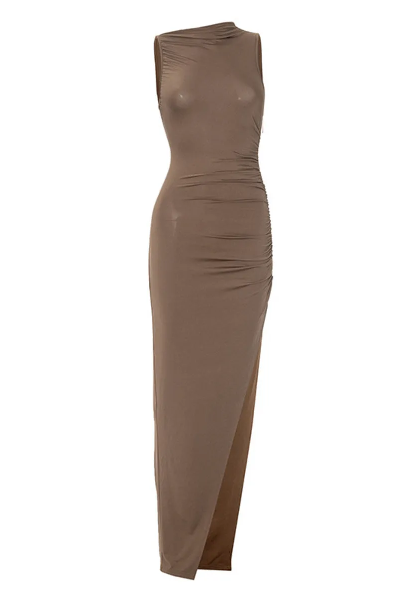 Sleeveless High Neck Ruched Split Maxi Dress