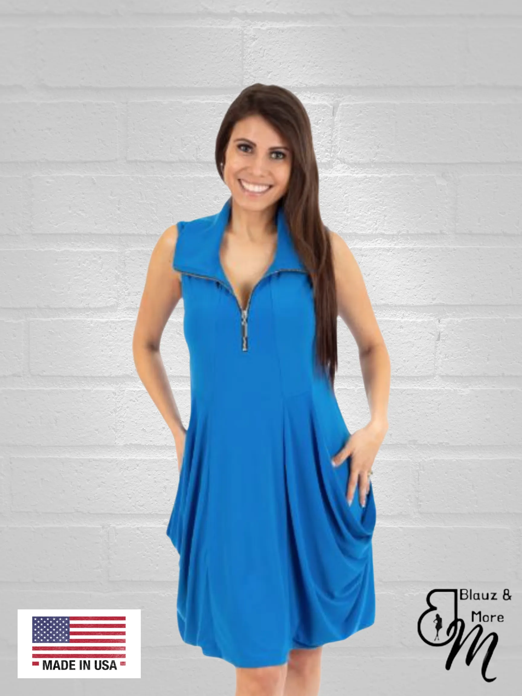 Sleeveless Tunic Kangaroo Pocket Zipper front DRESS/TUNIC with Collar