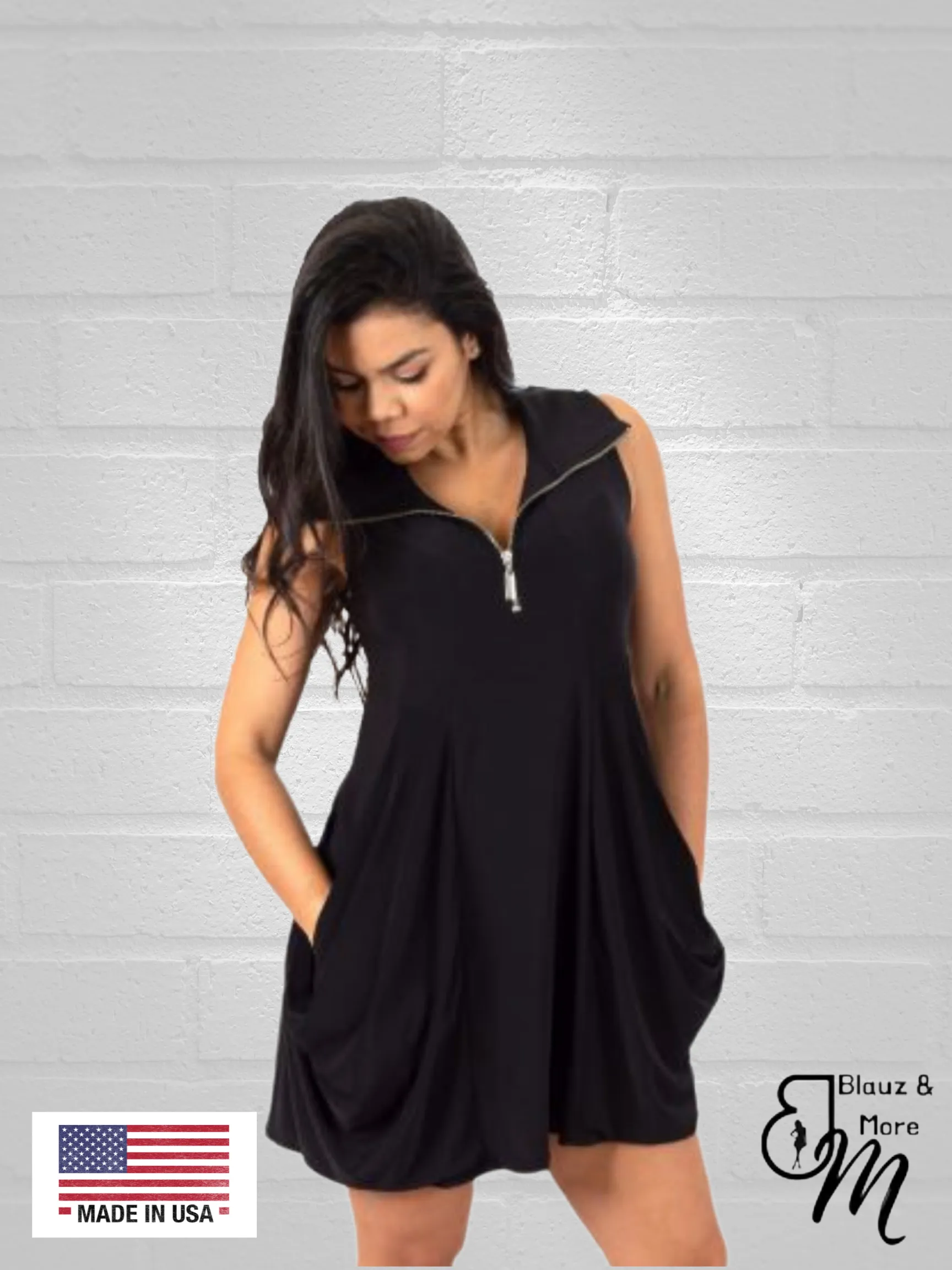Sleeveless Tunic Kangaroo Pocket Zipper front DRESS/TUNIC with Collar