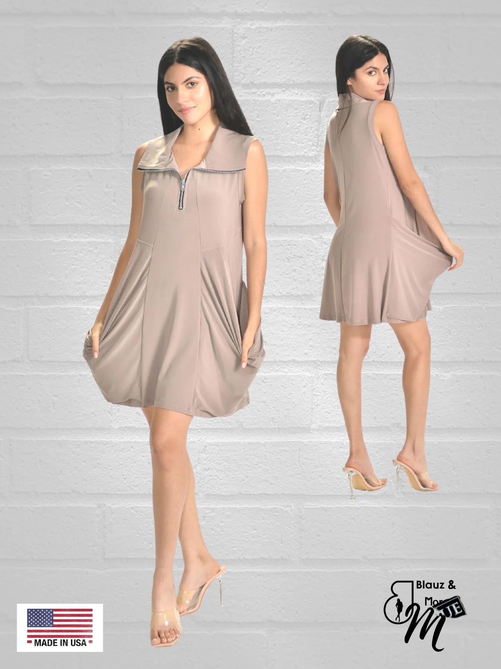 Sleeveless Tunic Kangaroo Pocket Zipper front DRESS/TUNIC with Collar