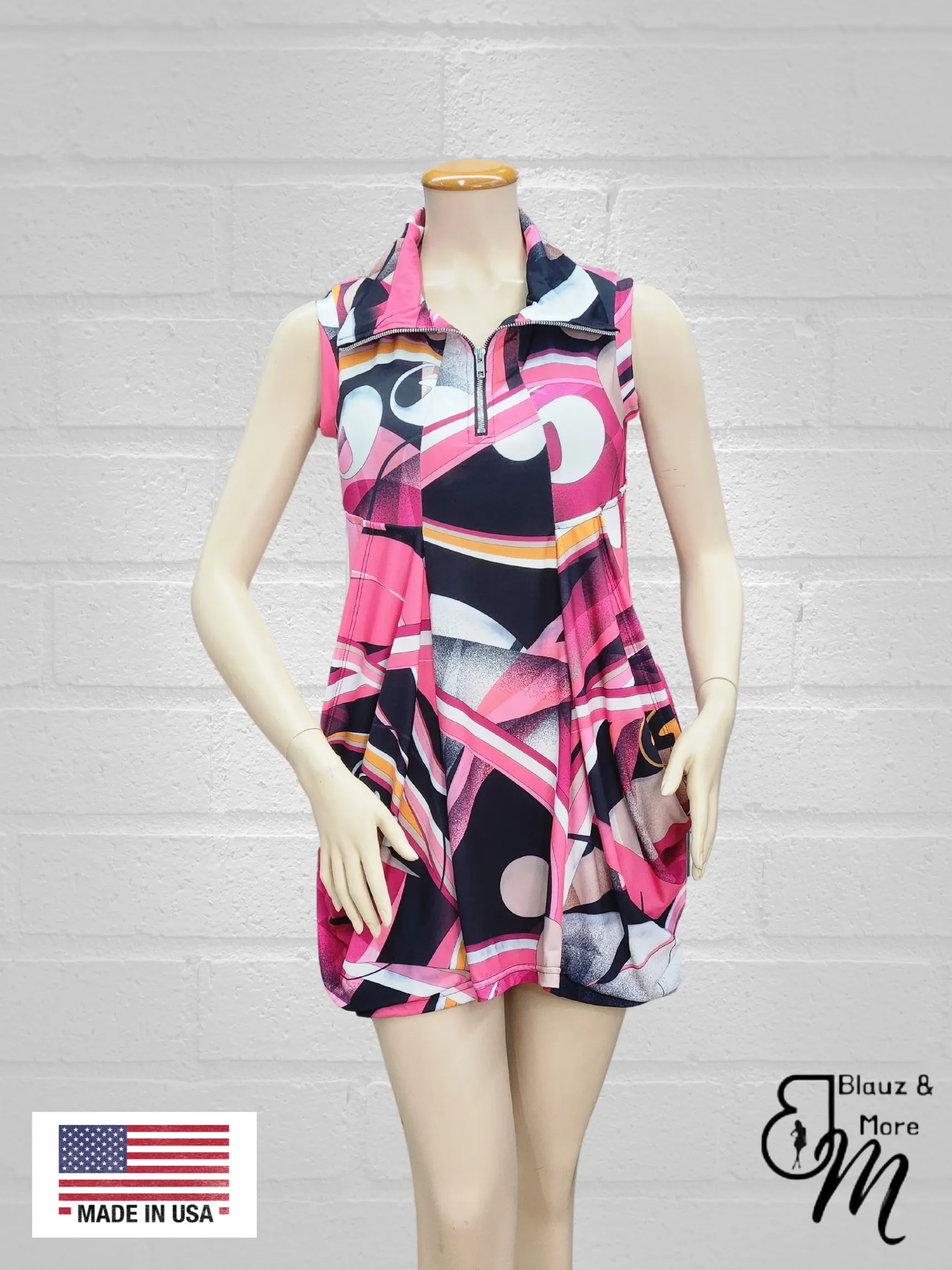 Sleeveless Tunic Kangaroo Pocket Zipper front DRESS/TUNIC with Collar