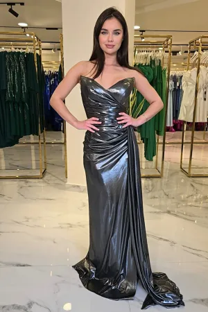 Strapless Gloss Evening Dress With Drape