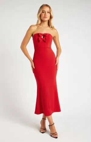 Strapless Stretch Maxi Dress with Front Keyhole and Bow Details