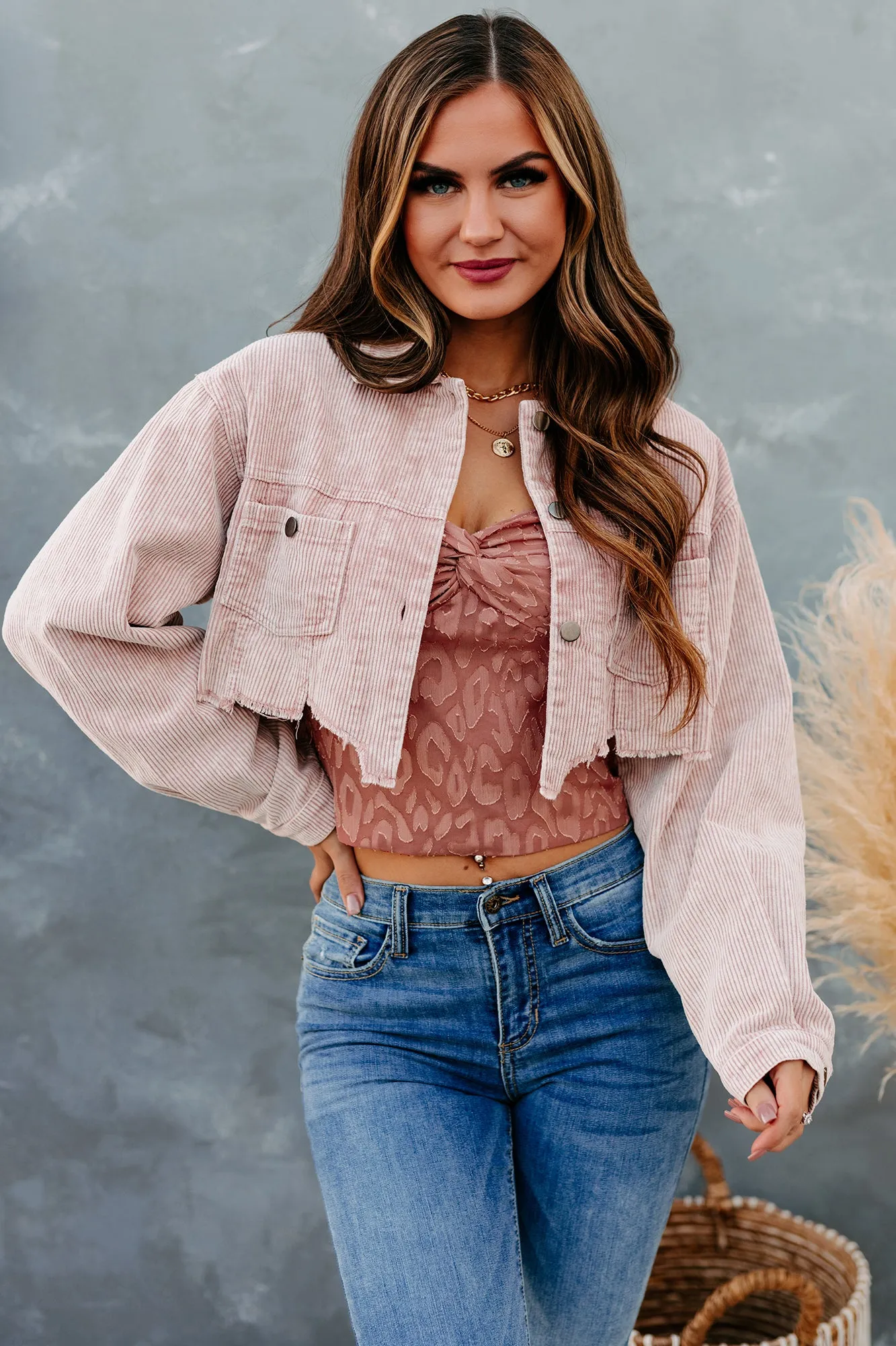 Take Your Shot Cropped Corduroy Jacket (Powder Rose)