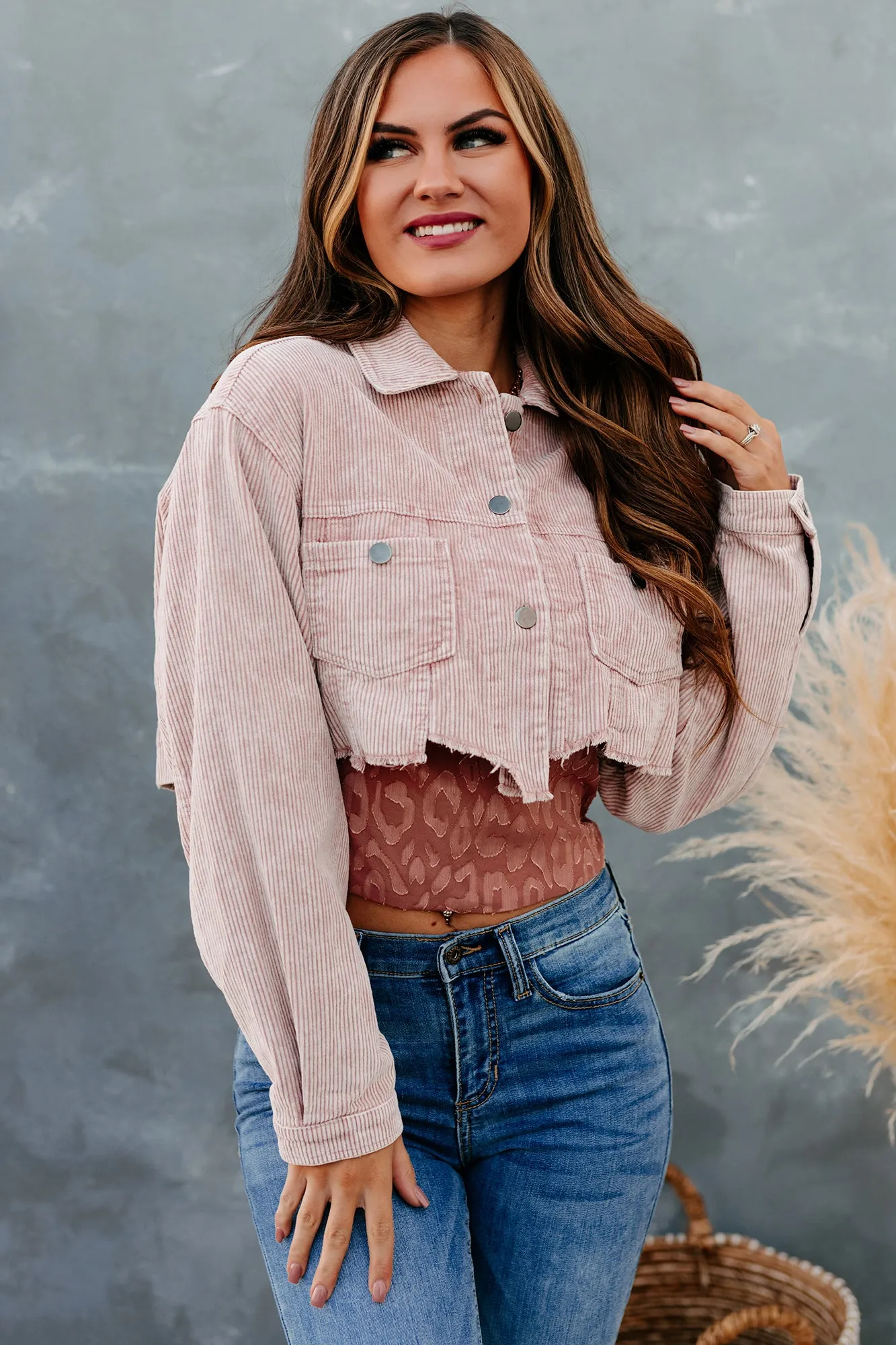 Take Your Shot Cropped Corduroy Jacket (Powder Rose)