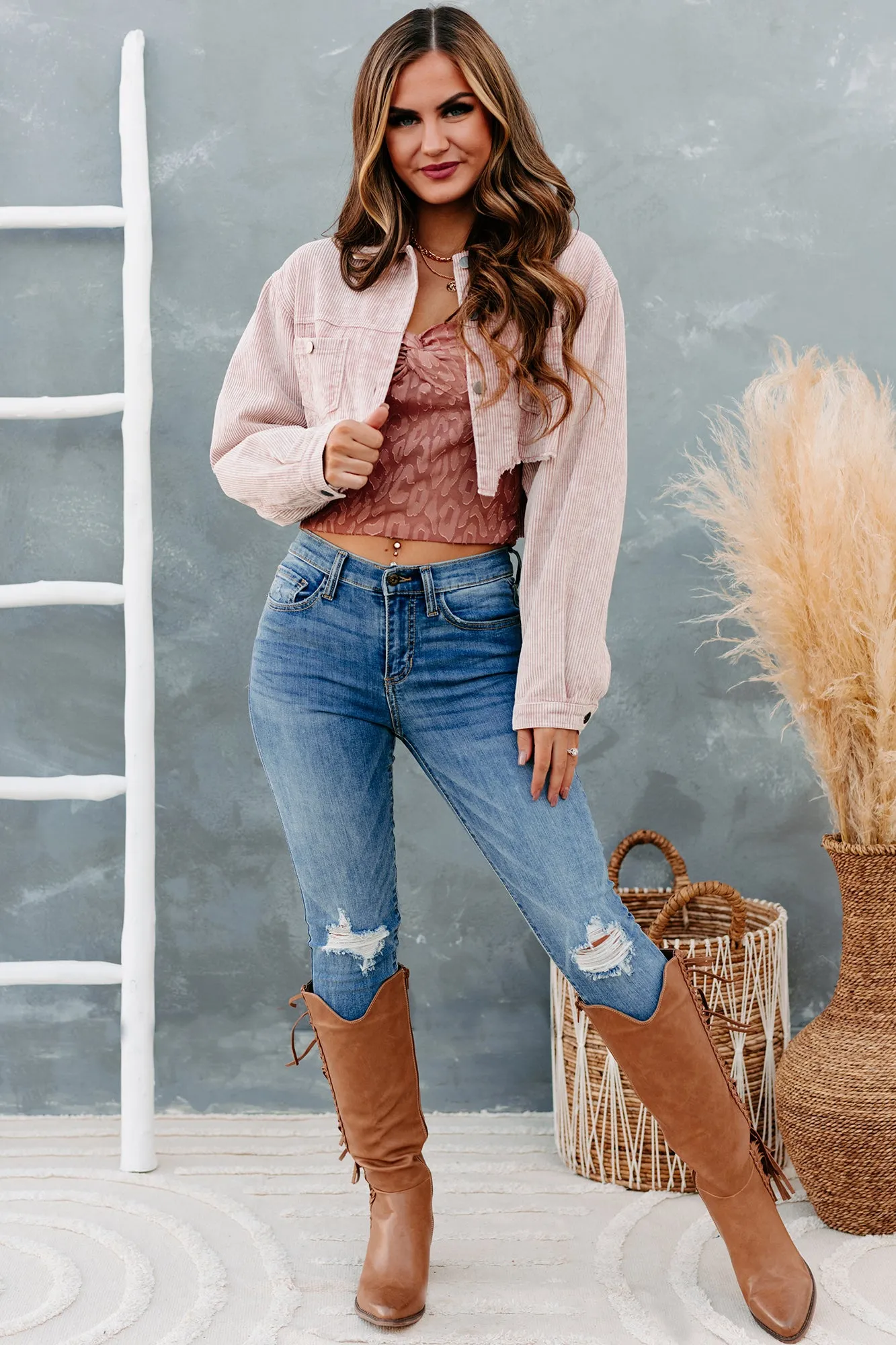 Take Your Shot Cropped Corduroy Jacket (Powder Rose)