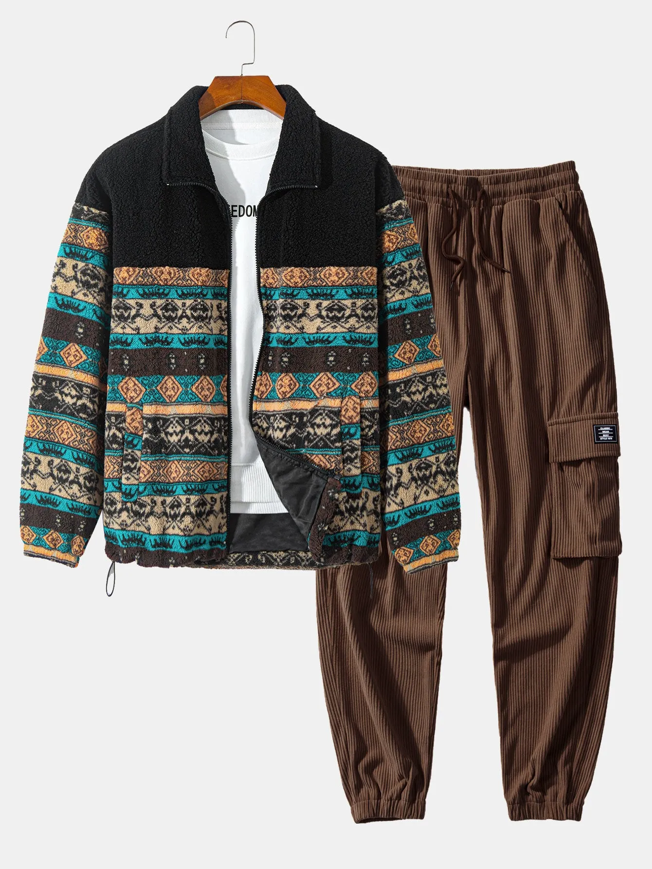 Teddy Fleece Ethnic Print Coat & Drawstring Corduroy Cargo Jogger Pants