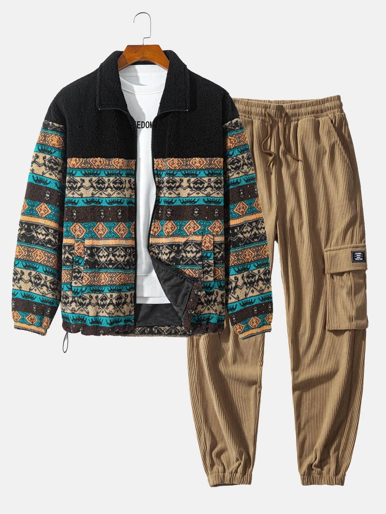Teddy Fleece Ethnic Print Coat & Drawstring Corduroy Cargo Jogger Pants