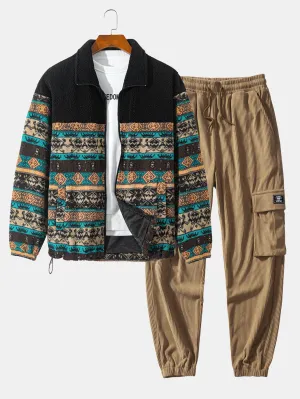 Teddy Fleece Ethnic Print Coat & Drawstring Corduroy Cargo Jogger Pants