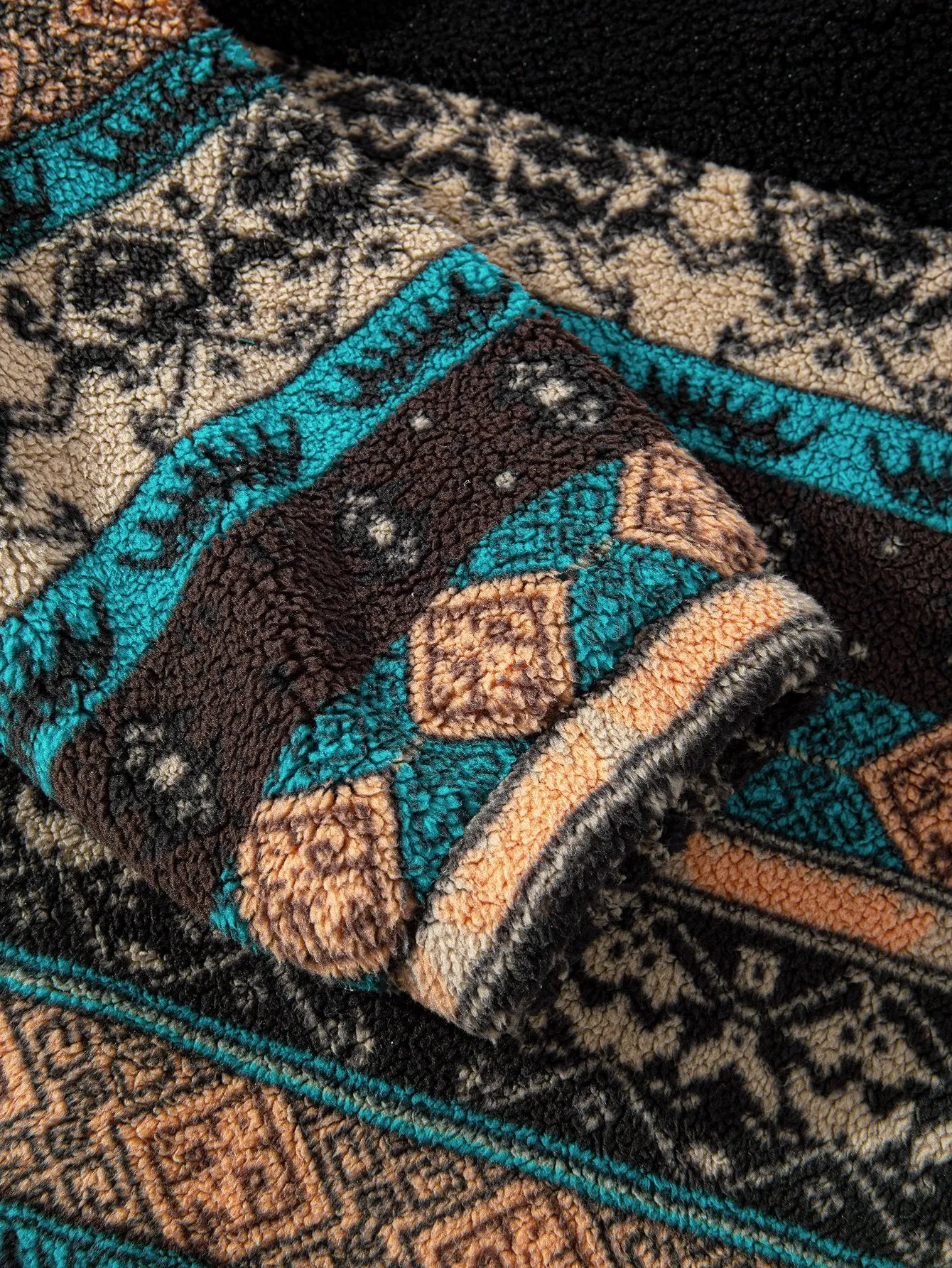 Teddy Fleece Ethnic Print Coat & Drawstring Corduroy Cargo Jogger Pants