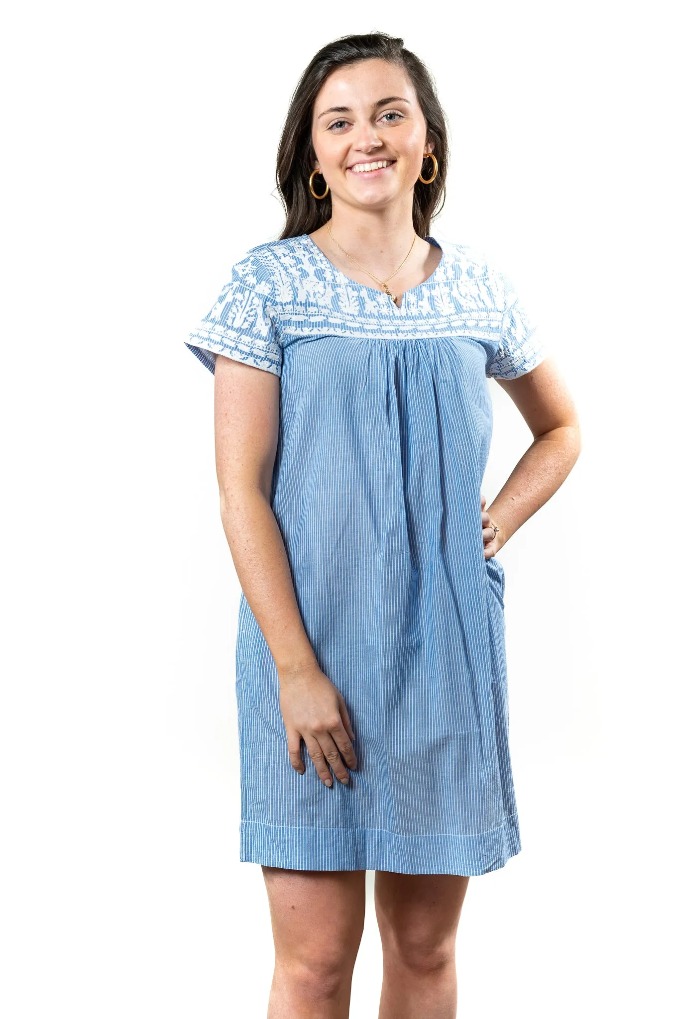 The Aubrey Embroidered Blue and White Stripe Dress